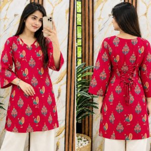 Stylish Maroon Printed Cotton Kurti With Back Lace-Up