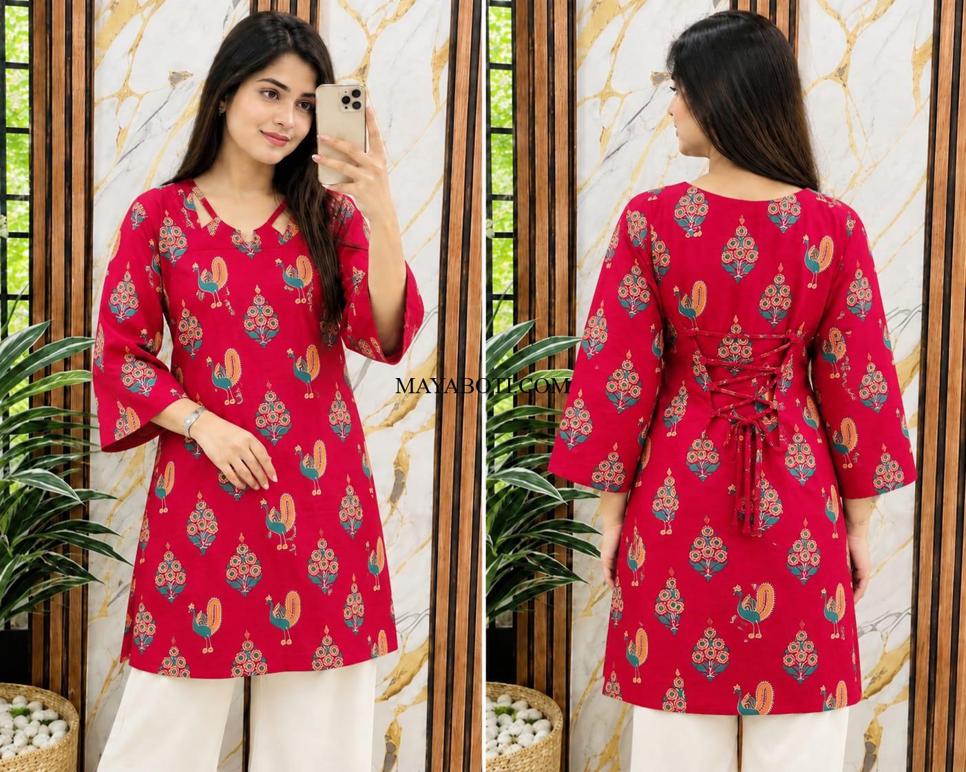 Stylish Maroon Printed Cotton Kurti With Back Lace-Up