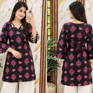 Trendy Black & Pink Butterfly Print Cotton Kurti