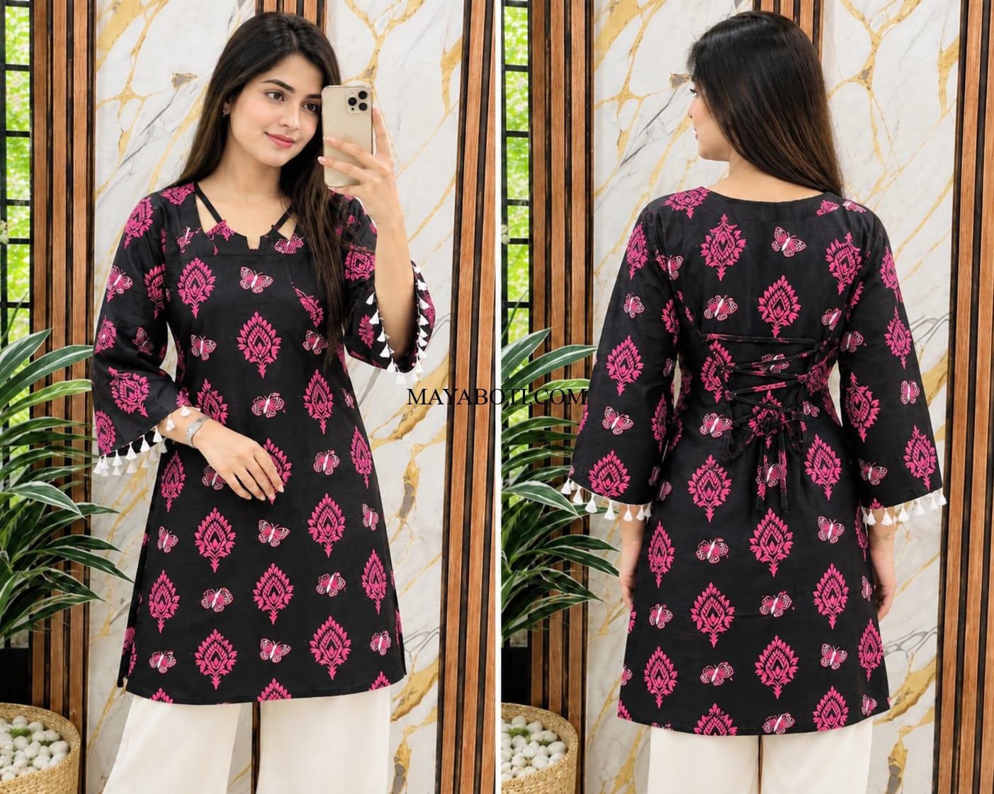 Trendy Black & Pink Butterfly Print Cotton Kurti