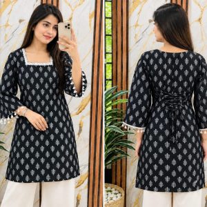 Trendy Black Butterfly Print Cotton Kurti