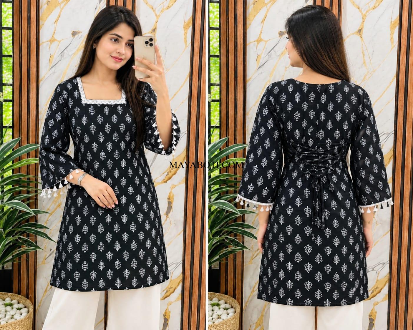 Trendy Black Butterfly Print Cotton Kurti