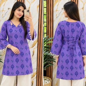Stylish Blue Printed Cotton Kurti With Back Lace-Up