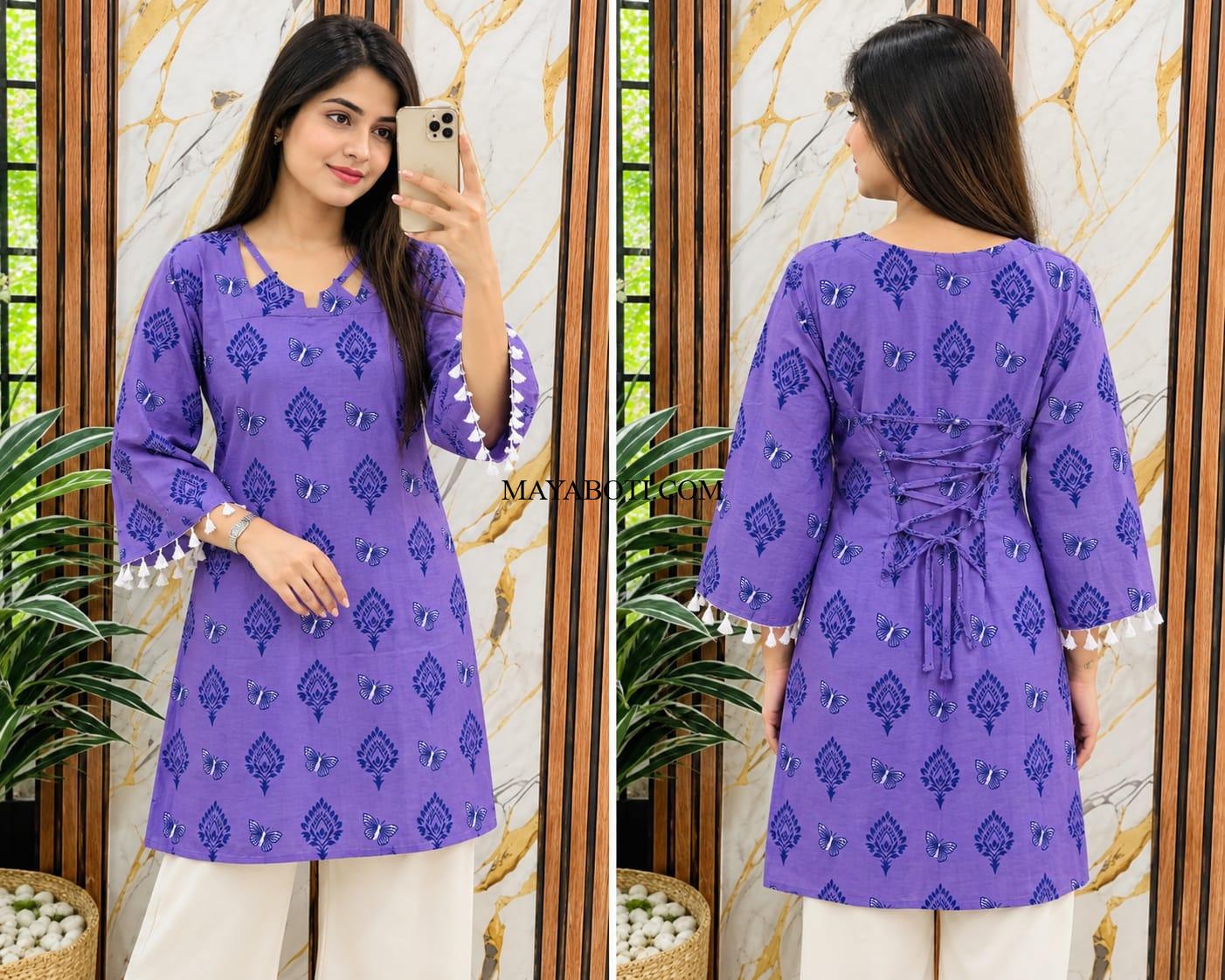 Stylish Blue Printed Cotton Kurti With Back Lace-Up