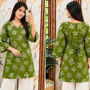 Trendy Green Butterfly Print Cotton Kurti