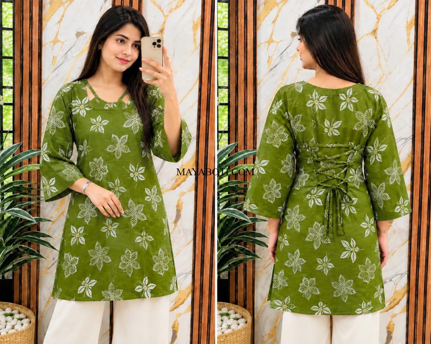 Trendy Green Butterfly Print Cotton Kurti