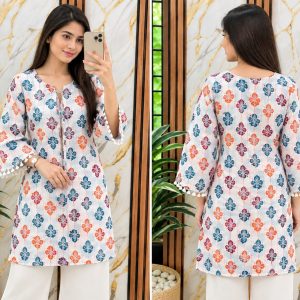 Stylish White Printed Cotton Kurti With Back Lace-Up